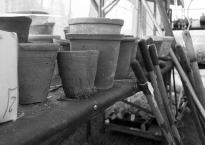 clay pots on a shelf with tools at the Malvern Show 2016