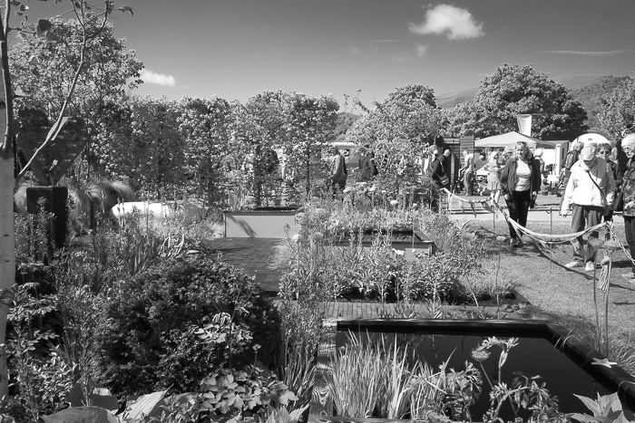A show garden with a water feature at the Malvern spring show 2022